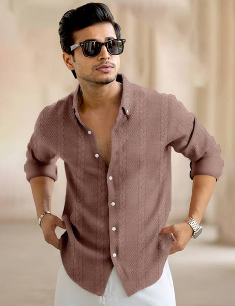Force Men Self Design Casual Brown Shirt