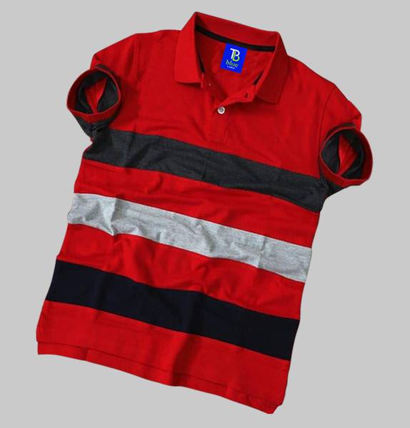 TB Blue Striped Men Polo Neck Red T-Shirt