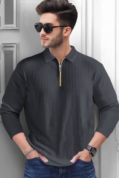 TRIPR Solid Men Polo Neck Grey T-Shirt