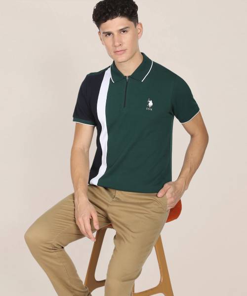 U.S. POLO ASSN. Colorblock Men Polo Neck Green, White, Black T-Shirt