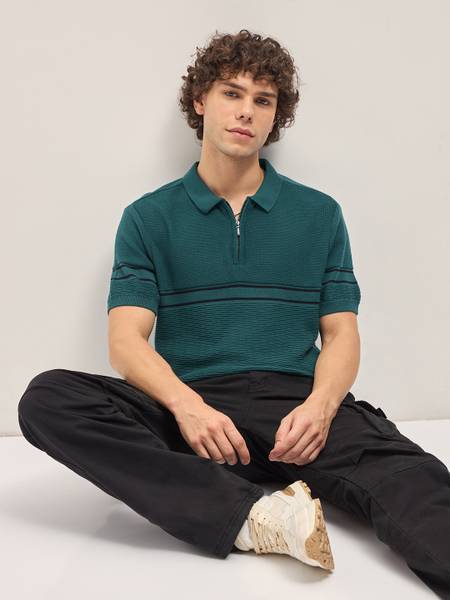 THE BEAR HOUSE Colorblock Men Polo Neck Green T-Shirt