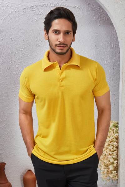 KRYVONN Solid Men Polo Neck Yellow T-Shirt