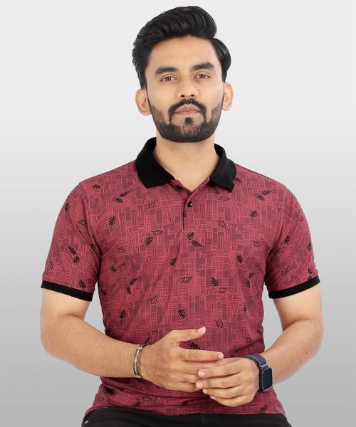 VeBNoR Printed Men Polo Neck Maroon T-Shirt