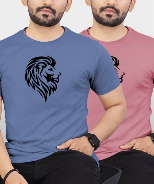 VeBNoR Printed Men Round Neck Blue, Pink T-Shirt