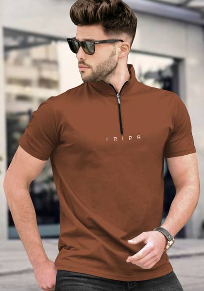 TRIPR Solid Men Mandarin Collar Brown T-Shirt