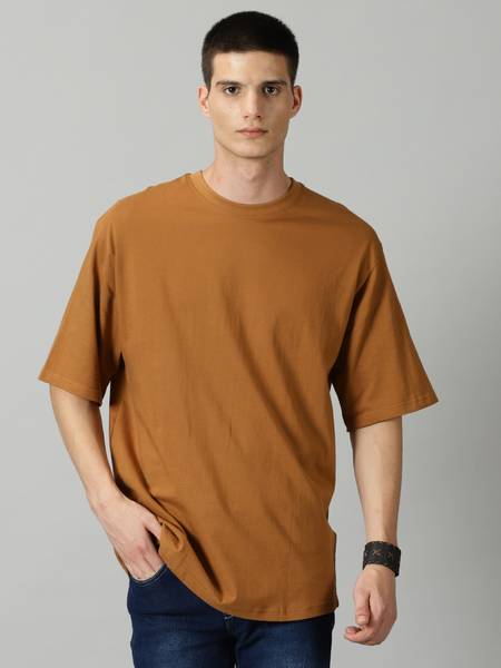 THE HOLLANDER Solid Men Round Neck Brown T-Shirt
