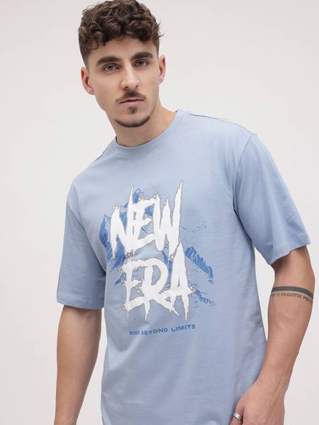 Roadster Printed Men Round Neck Blue T-Shirt