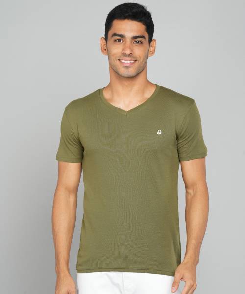 United Colors of Benetton Solid Men V Neck Dark Green T-Shirt