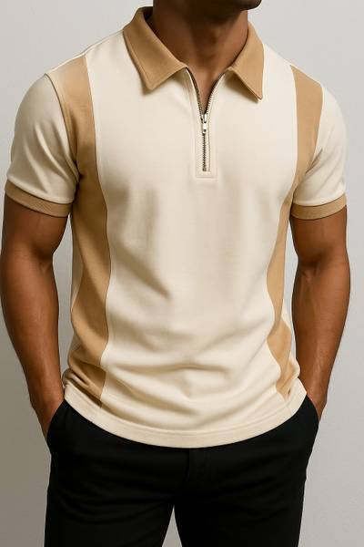 Try This Colorblock Men Zip Neck Beige T-Shirt