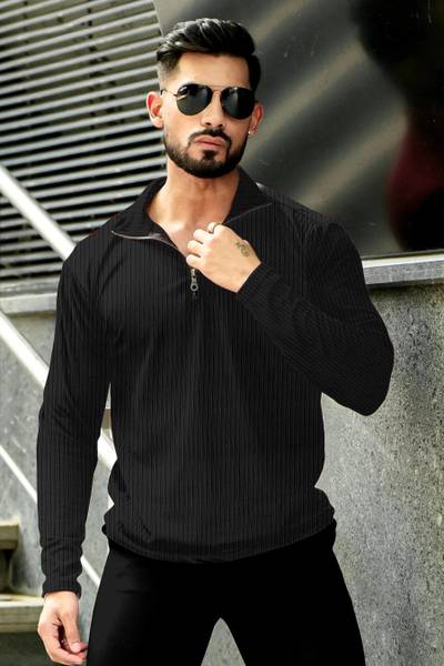 KAJARU Self Design Men Polo Neck Black T-Shirt