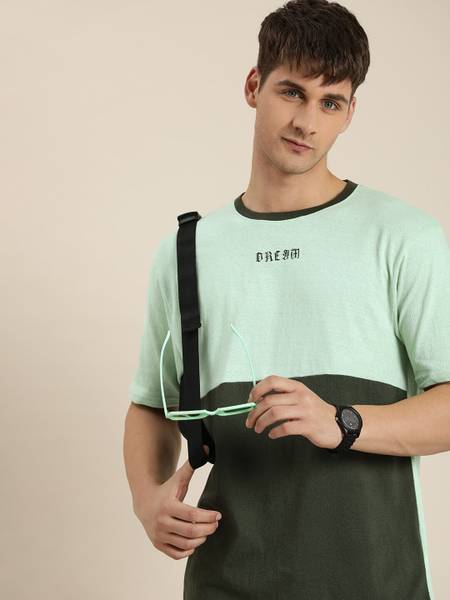 HERE&NOW Colorblock Men Round Neck Green T-Shirt