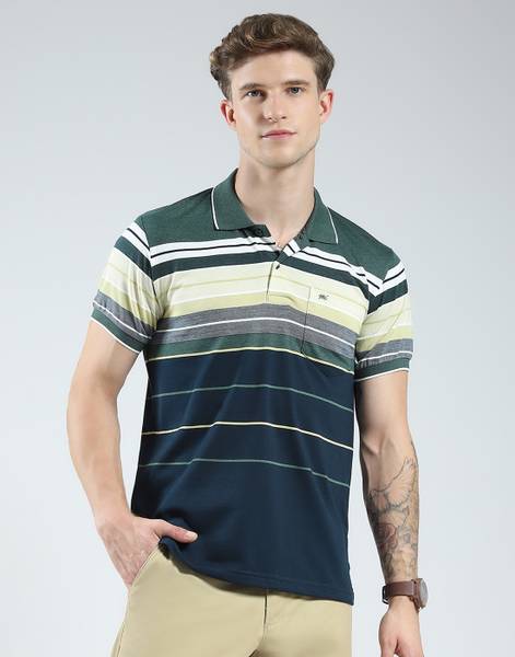 MONTE CARLO Striped Men Polo Neck Green T-Shirt