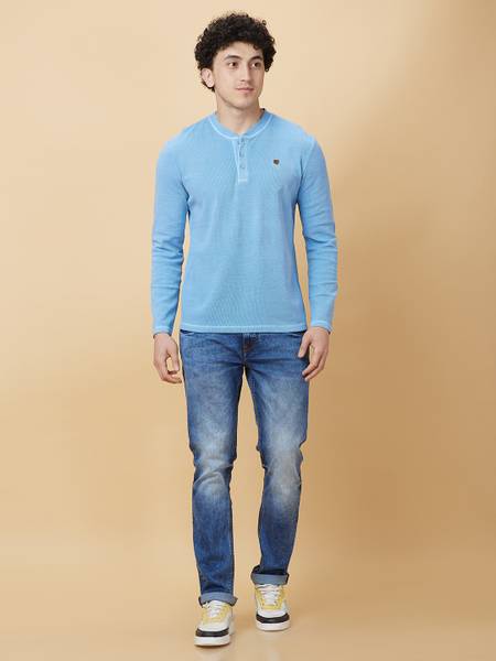 BEING HUMAN Solid Men Henley Neck Blue T-Shirt