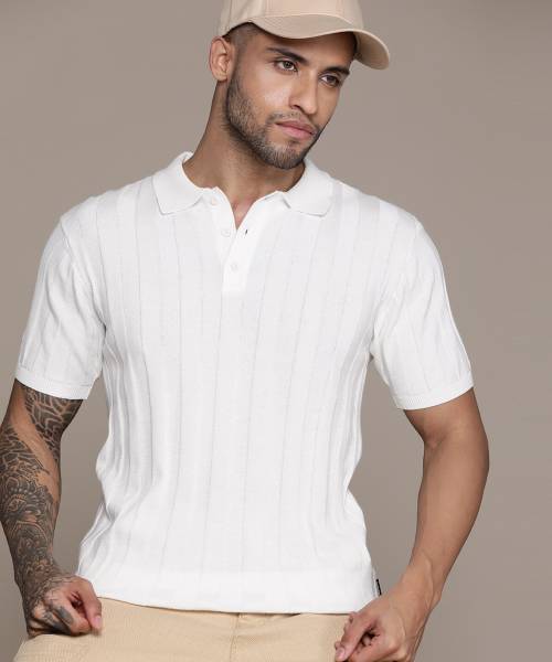 Roadster Self Design Men Polo Neck White T-Shirt