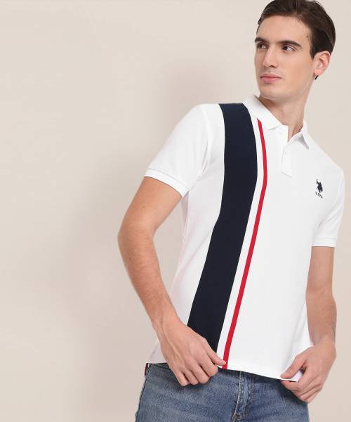 U.S. POLO ASSN. Striped Men Polo Neck White T-Shirt