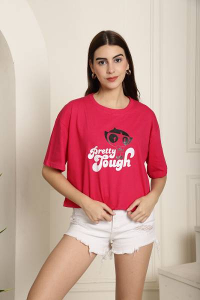 THE POWER PUFF GIRLS by DreamBe Printed, Typography Women Round Neck Pink T-Shirt