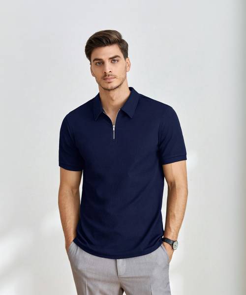 Stockton Solid Men Polo Neck Navy Blue T-Shirt