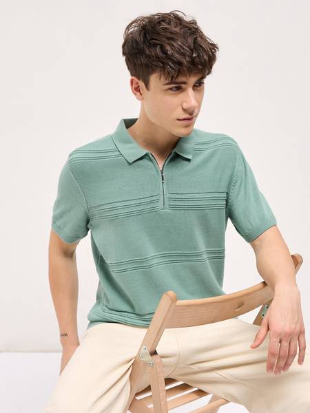 THE BEAR HOUSE Self Design Men Polo Neck Blue T-Shirt
