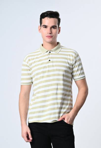 Dam Striped Men Polo Neck Light Green, White T-Shirt