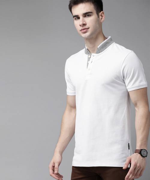 Roadster Solid Men Mandarin Collar White T-Shirt