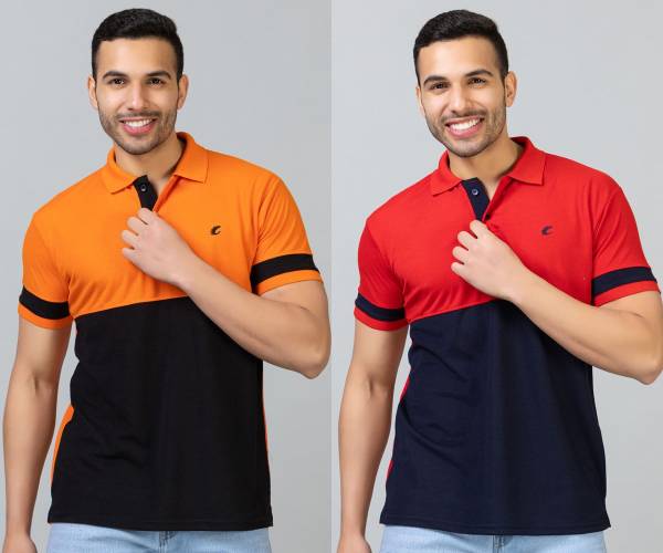 Ekom Colorblock Men Polo Neck Orange, Red T-Shirt