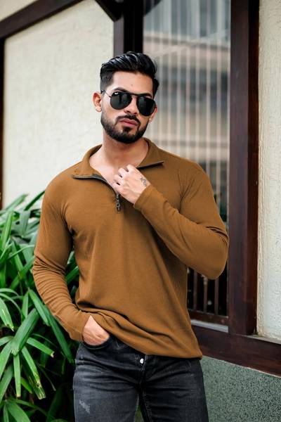 INDICLUB Solid Men Polo Neck Brown T-Shirt