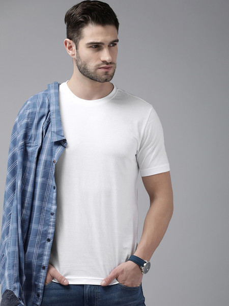 solid men round neck white t shirt