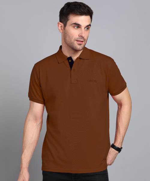 3BROS Solid Men Polo Neck Brown T-Shirt