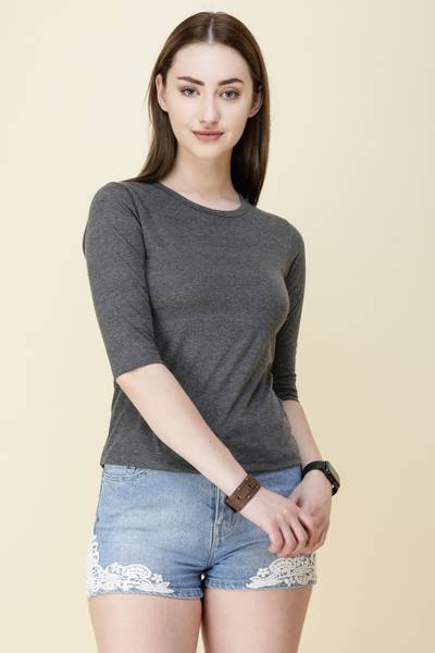 COUNTRY YARD Solid Women Round Neck Grey T-Shirt