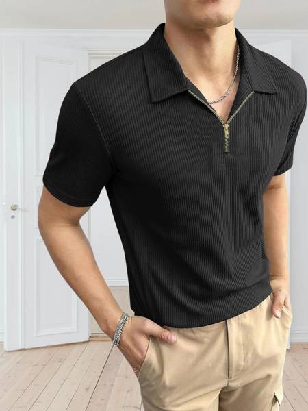 FARROWX Striped Men Polo Neck Black T-Shirt