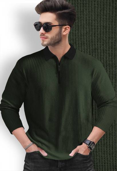 TRIPR Self Design Men Polo Neck Dark Green T-Shirt