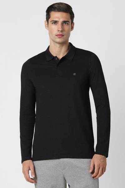 PETER ENGLAND Solid Men Polo Neck Black T-Shirt