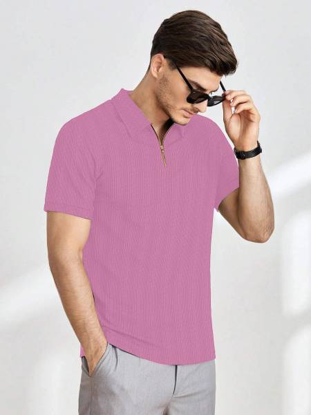 KAJARU Self Design Men Polo Neck Pink T-Shirt