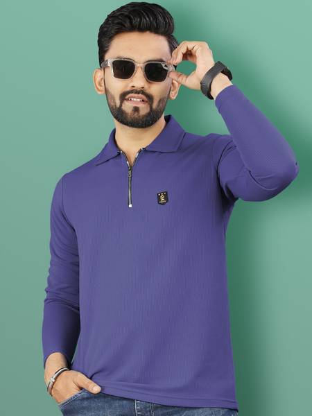 VeBNoR Solid Men Polo Neck Blue T-Shirt