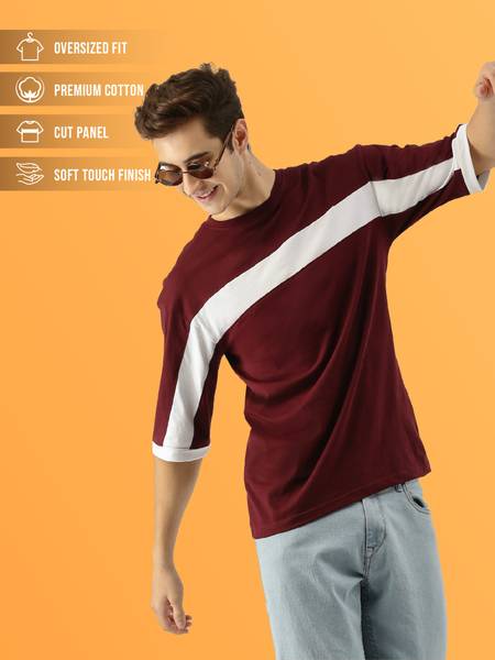 MANIAC Colorblock Men Round Neck White, Maroon T-Shirt