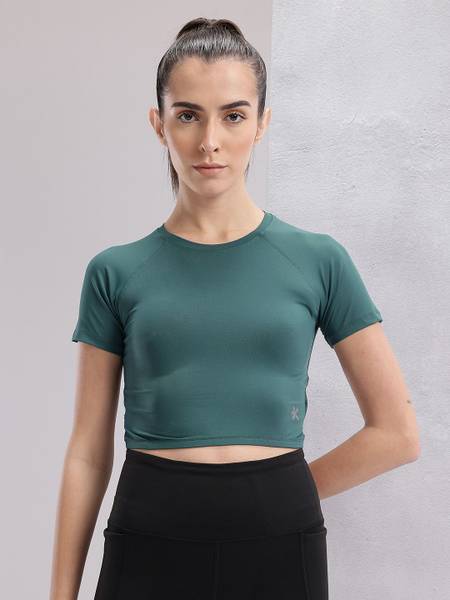 HRX by Hrithik Roshan Solid Women Round Neck Green T-Shirt