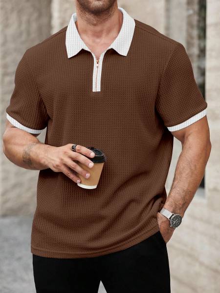 KAJARU Self Design Men Polo Neck Brown, White T-Shirt