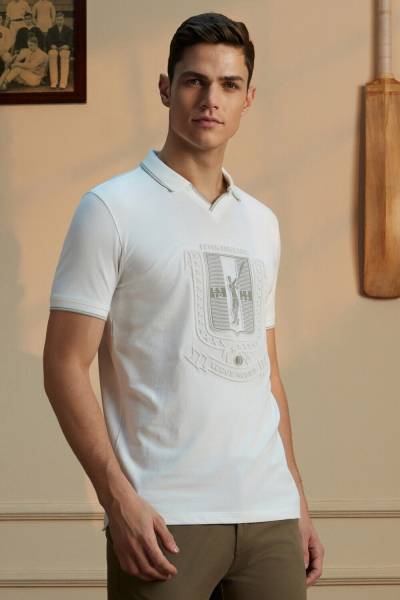 PETER ENGLAND Printed Men Polo Neck White T-Shirt