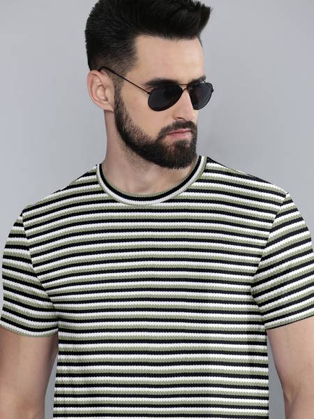 METRONAUT Striped Men Round Neck Light Green T-Shirt