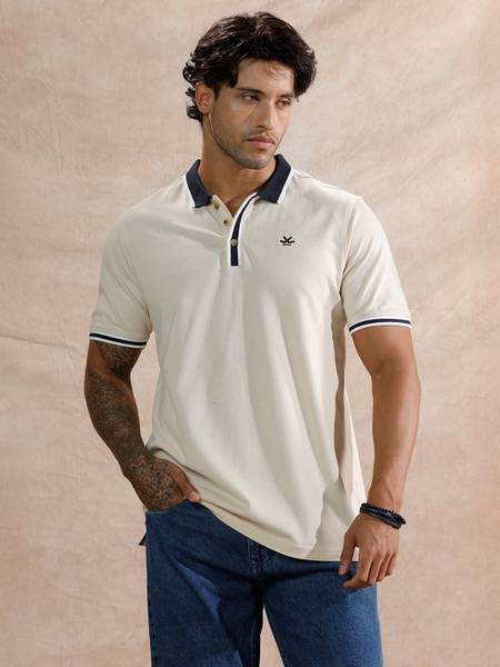 WROGN Solid Men Polo Neck Beige T-Shirt