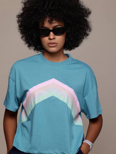 Roadster Printed Women Round Neck Blue T-Shirt