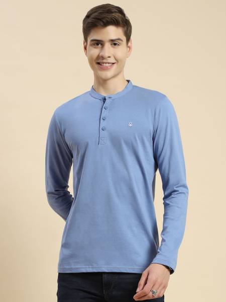 United Colors of Benetton Solid Men Henley Neck Blue T-Shirt