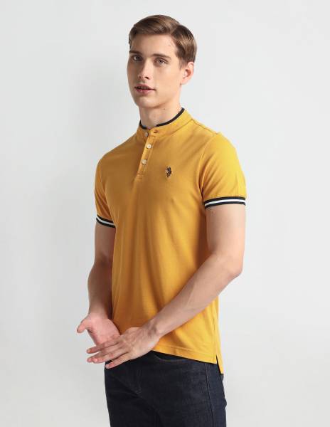 U.S. POLO ASSN. Solid Men Mandarin Collar Yellow T-Shirt