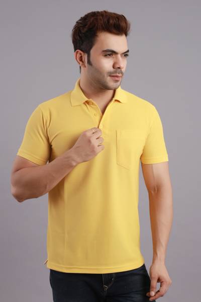 HouseOfCommon Solid Men Polo Neck Yellow T-Shirt