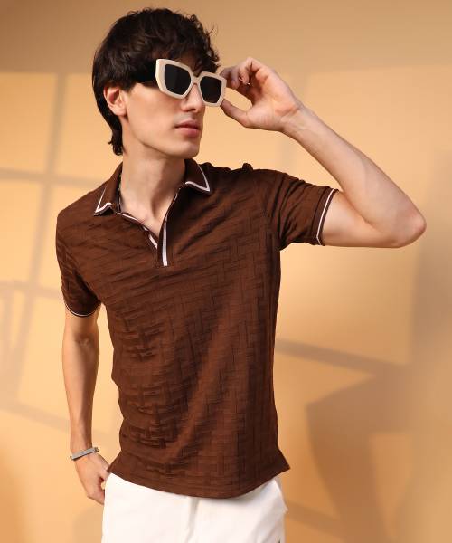 CAMPUS SUTRA Self Design Men Polo Neck Brown T-Shirt