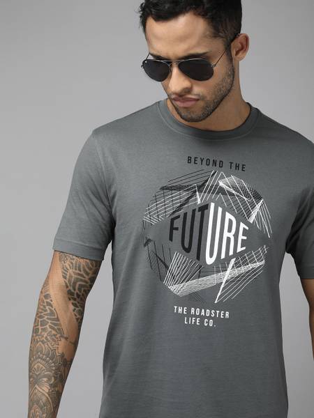 Roadster Printed Men Round Neck Grey T-Shirt