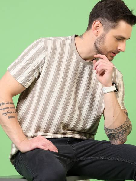 V-MART Striped Men Round Neck Brown T-Shirt