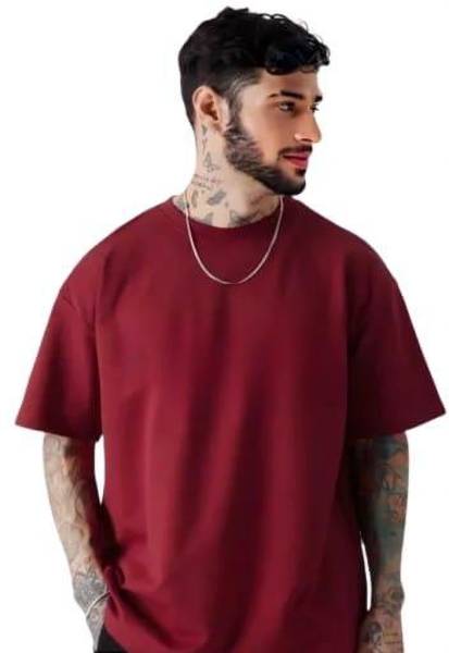 spab Solid Men Round Neck Maroon T-Shirt