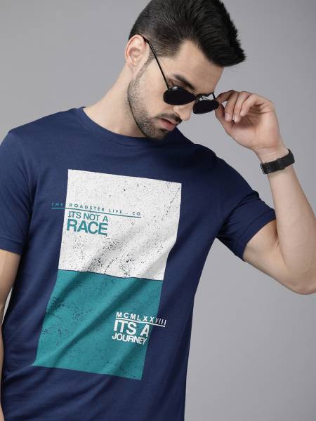 Roadster Graphic Print, Typography, Colorblock Men Round Neck Navy Blue T-Shirt