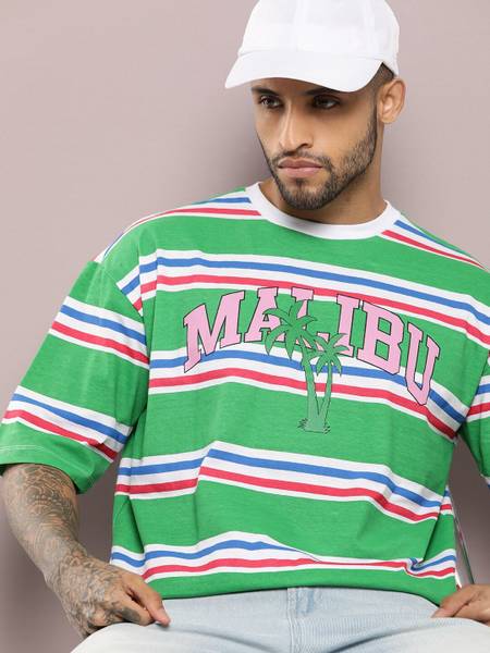 Kook N Keech Striped Men Round Neck Green T-Shirt